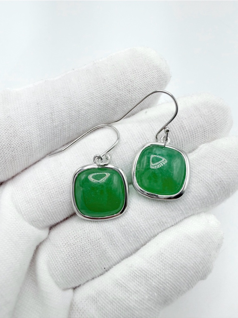 Cushion Cut Green Jadeite .925 Sterling Silver Dangle Earrings